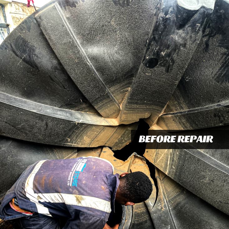 Cracked plastic water tank before repair