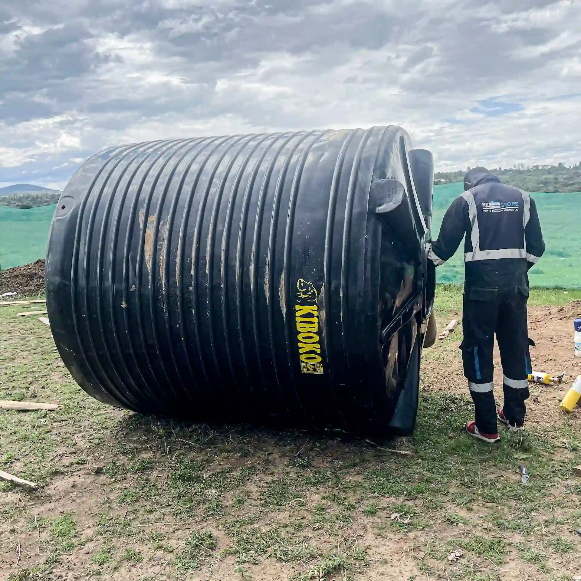 Professionally repaired plastic water tank