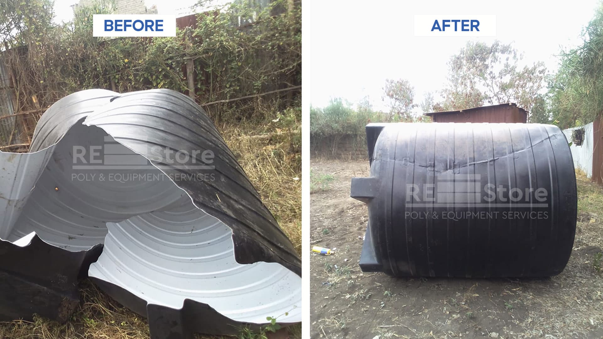 Severely damaged plastic tank before and after reconstruction by Restore Services