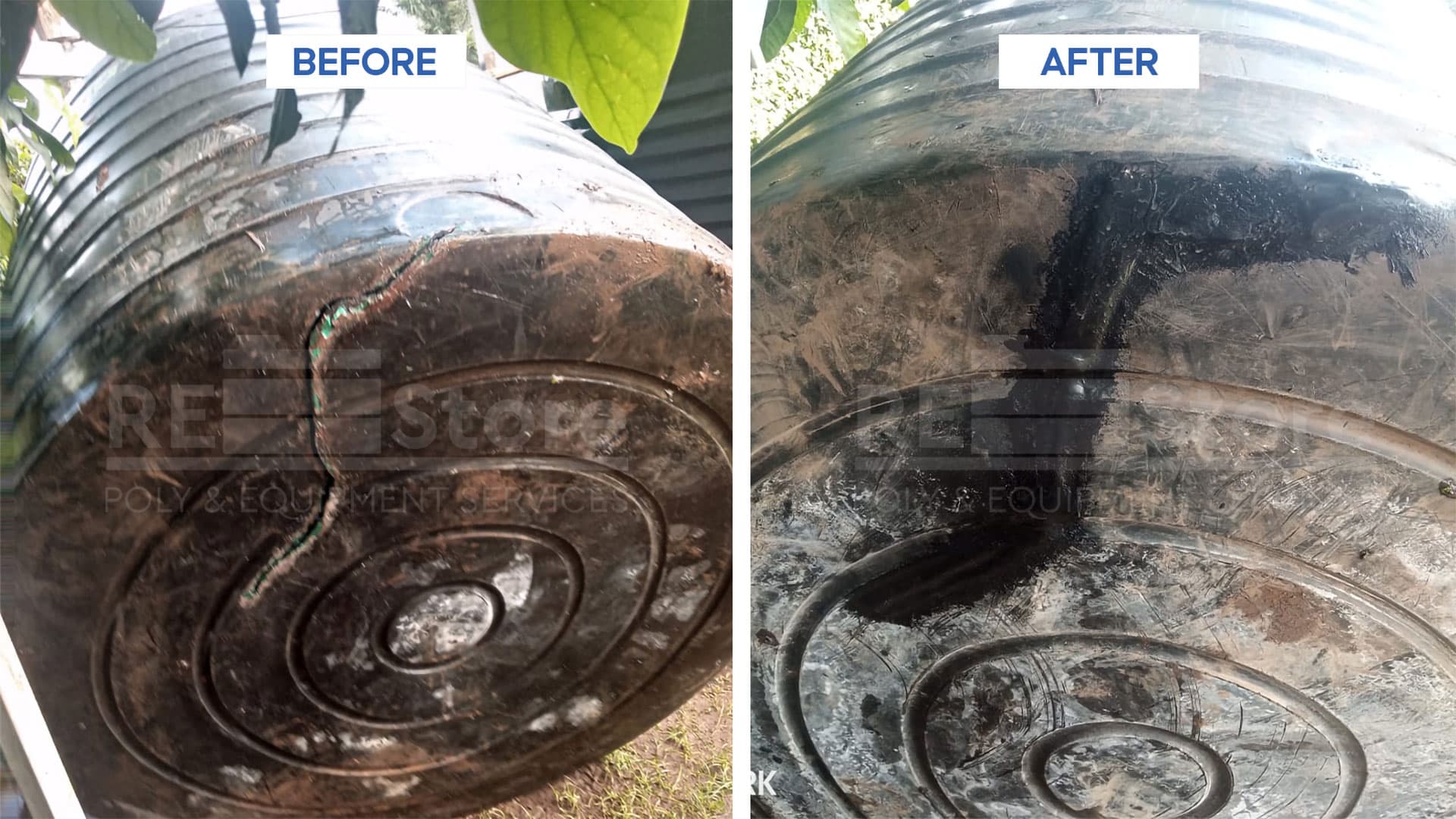 Before and after repair of a cracked plastic water tank by Restore Services