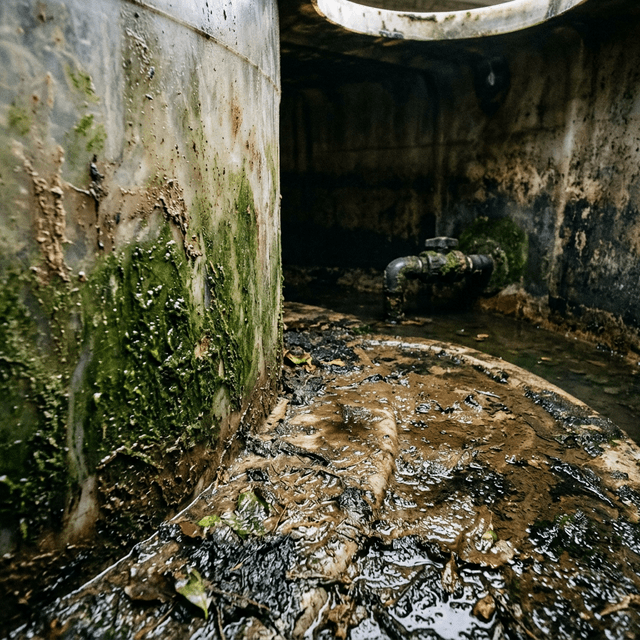 Dirty water tank before cleaning showing contamination